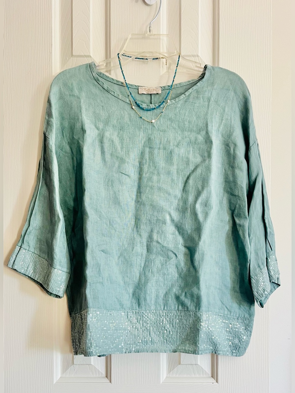 Light Green/Teal Linen Top with Sequin Trim